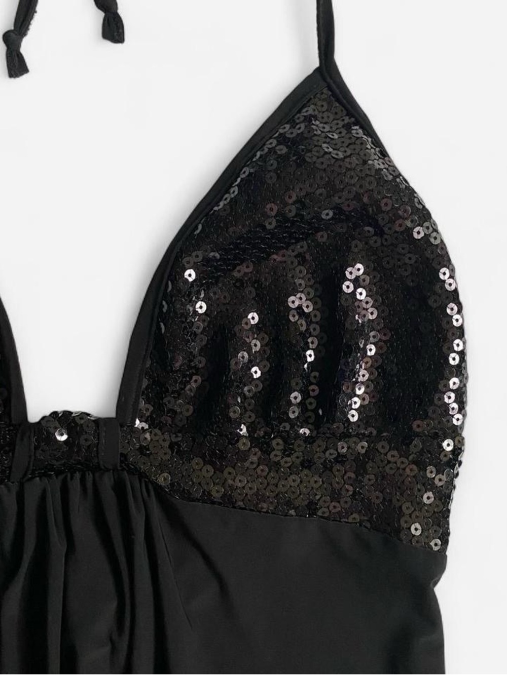 Vintage Y2K slinky black low cut halter top w/sequins - Picture 3 of 8